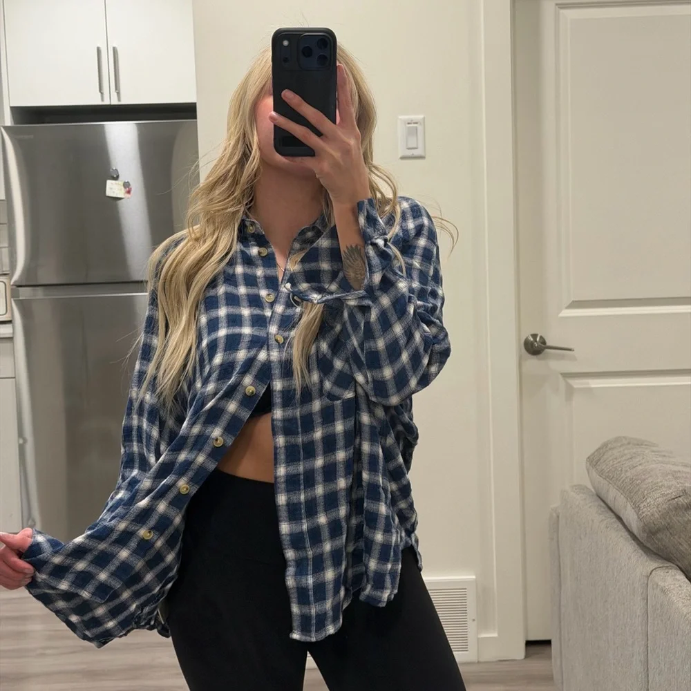 BDG Navy and White Plaid Button-Down Shirt - Picture 1 of 4